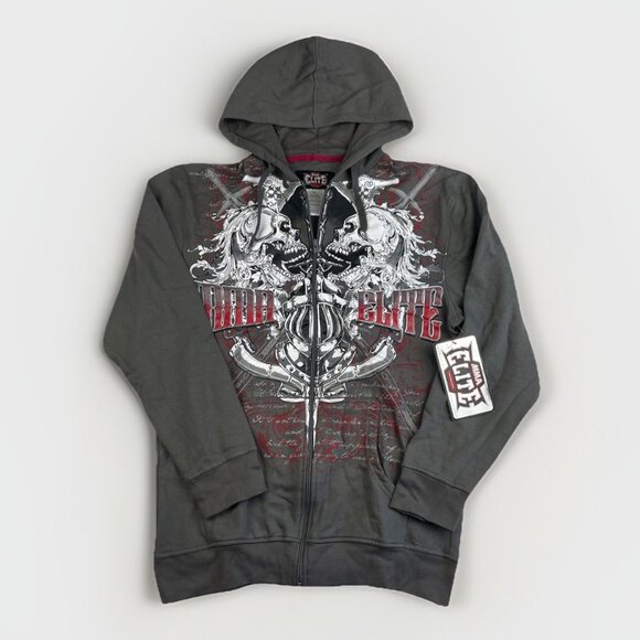 NWT MMA Elite Hoodie Gray Full Zip Up Small Y2K Goth Skull Punk Affliction Style - Picture 1 of 16